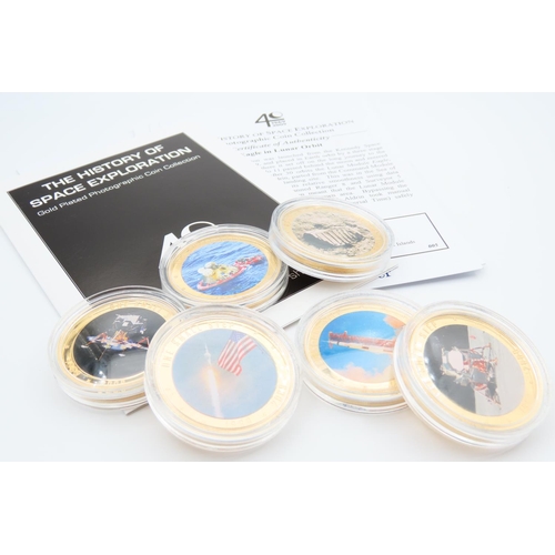 Collection of Six One Dollar 24 Carat Gold Plated Cuporo-Nickel Coins Ecah 38.61mm Encapsulated Commemorating History of Space Exploration