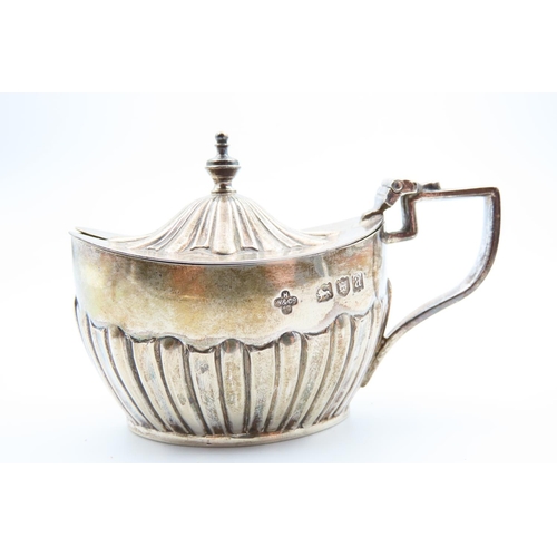 Silver Mustard Pot Hinge Cover Oval Form Gadrooned Decoration to Frieze Original Bristol Blue Glass Liner Contained within 6cm High
