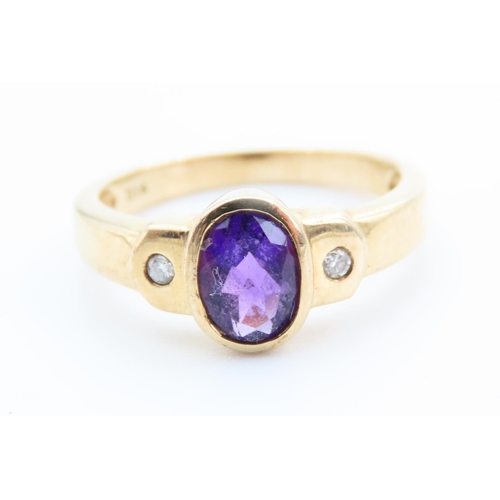 30 - Oval Cut Amethyst Set Centre Stone Ring with Diamond Set Shoulders Mounted on 9 Carat Yellow Gold Ba... 