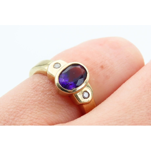 30 - Oval Cut Amethyst Set Centre Stone Ring with Diamond Set Shoulders Mounted on 9 Carat Yellow Gold Ba... 