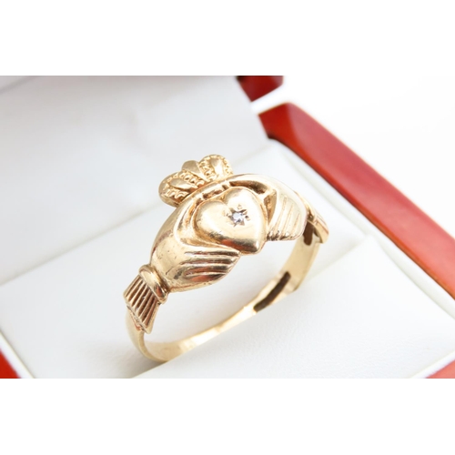 33 - Diamond Set Claddagh Ring 9 Carat Yellow Gold Ring Size Y and a Half