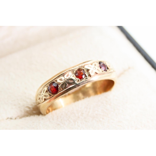 Red Garnet Three Stone 9 Carat Yellow Gold Ring Size U