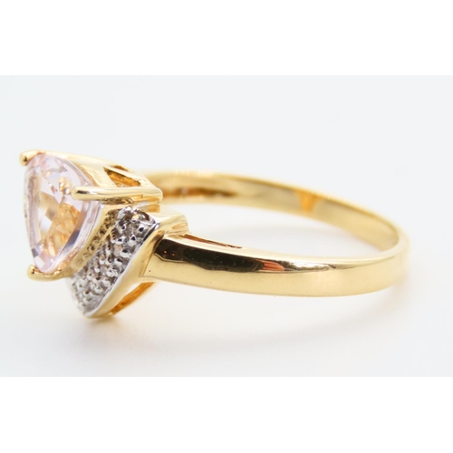 42 - Brazilian Kunzite Trillion Cut and Diamond Decorated 18 Carat Yellow Gold Ring Size N