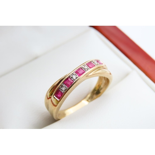 Ruby and Diamond Crossover Motif Band Ring 9 Carat Yellow Gold Band Size M