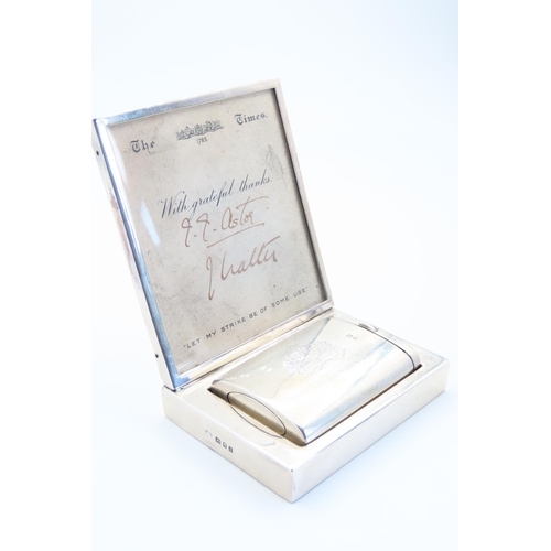 443 - Silver Vesta Case Rectangular Form with Silver Mounted Desk Holder Signed by Astor in Grateful Thank... 