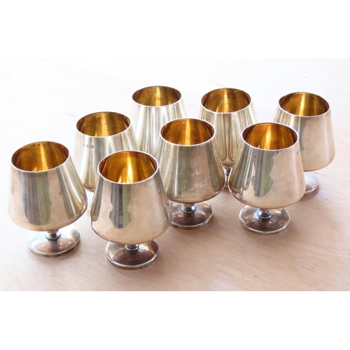 445 - Irish Silver Set of Eight Heavy Brandy Balloon Goblets Pedestal Form Gilded Interiors Each 12cm High