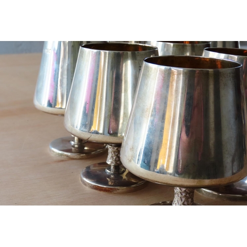 445 - Irish Silver Set of Eight Heavy Brandy Balloon Goblets Pedestal Form Gilded Interiors Each 12cm High