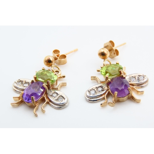 45 - Pair of Bee Motif Peridot Amethyst and Diamond Set Ladies Earrings with Matching Necklace Pendant Se... 