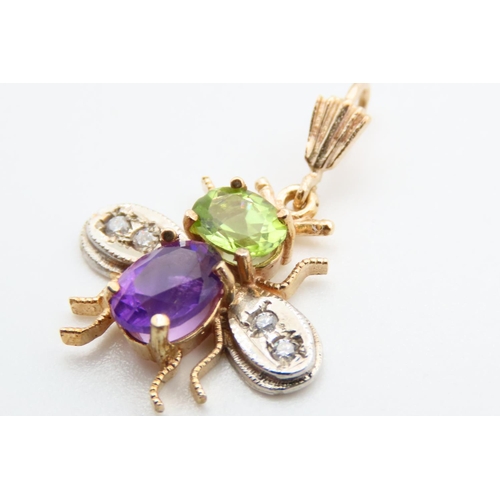 45 - Pair of Bee Motif Peridot Amethyst and Diamond Set Ladies Earrings with Matching Necklace Pendant Se... 