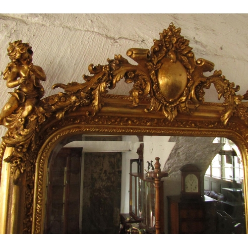 453 - Gilded Wall Mirror Rectangular Form Upper Cartouche Decoration with Cherub Detailing Approximately 4... 