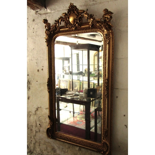 453 - Gilded Wall Mirror Rectangular Form Upper Cartouche Decoration with Cherub Detailing Approximately 4... 