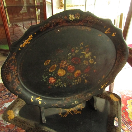 459 - Victorian Hand Painted Oval Form Serving Tray on Presentation Stand Tray Approximately 24 Inches Wid... 