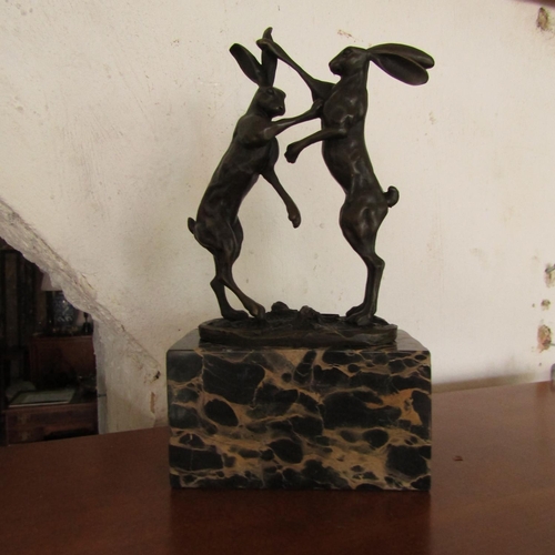 463 - Bronze Sculpture Boxing Hares Mounted on Rectangular Form Marble Base Approximately 8 Inches High