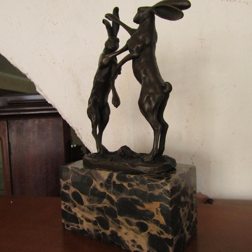 463 - Bronze Sculpture Boxing Hares Mounted on Rectangular Form Marble Base Approximately 8 Inches High