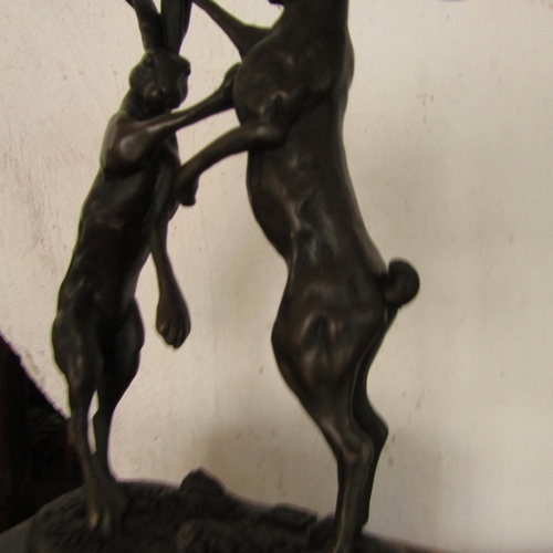 463 - Bronze Sculpture Boxing Hares Mounted on Rectangular Form Marble Base Approximately 8 Inches High