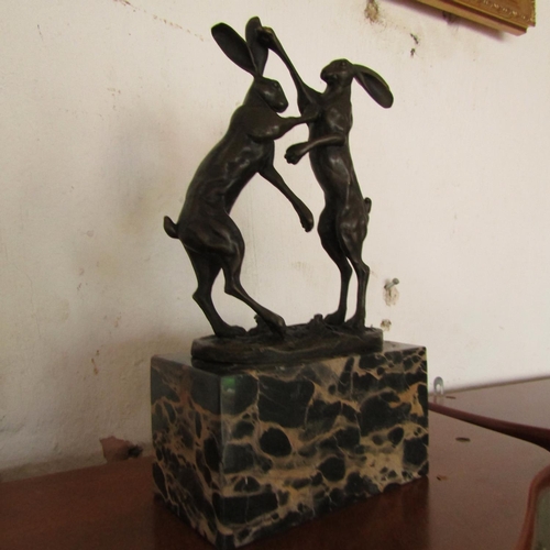 463 - Bronze Sculpture Boxing Hares Mounted on Rectangular Form Marble Base Approximately 8 Inches High