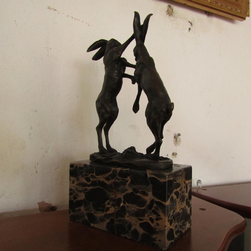 463 - Bronze Sculpture Boxing Hares Mounted on Rectangular Form Marble Base Approximately 8 Inches High