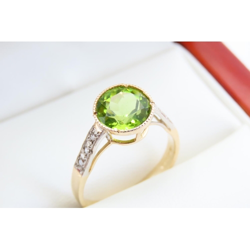 47 - Peridot and Diamond Set Ladies Ring Mounted on 9 Carat Yellow Gold Band Attractively Detailed Ring S... 