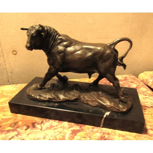 475 - Bronze Sculpture of Bull Mounted on Rectangular Form Marble Base Approximately 9 Inches Wide