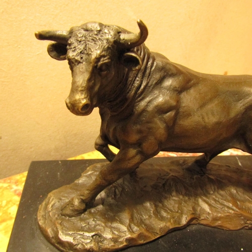 475 - Bronze Sculpture of Bull Mounted on Rectangular Form Marble Base Approximately 9 Inches Wide