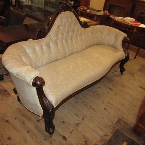 476 - Victorian Mahogany Frame Settee Deep Button Back Upholstery Well Carved Cabriole Supports Approximat... 