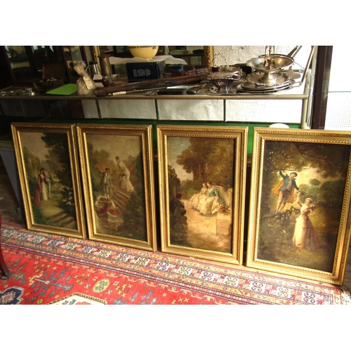 487 - Set of Four Victorian Oil Paintings Courting Scenes Oil on Panel Contained within Gilded Frames Each... 