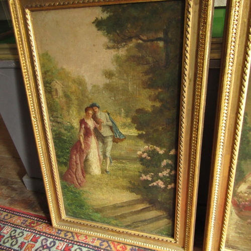 487 - Set of Four Victorian Oil Paintings Courting Scenes Oil on Panel Contained within Gilded Frames Each... 