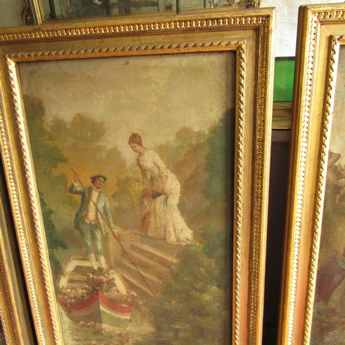 487 - Set of Four Victorian Oil Paintings Courting Scenes Oil on Panel Contained within Gilded Frames Each... 