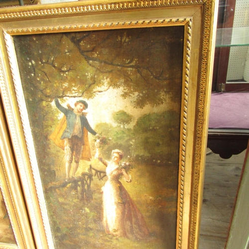 487 - Set of Four Victorian Oil Paintings Courting Scenes Oil on Panel Contained within Gilded Frames Each... 