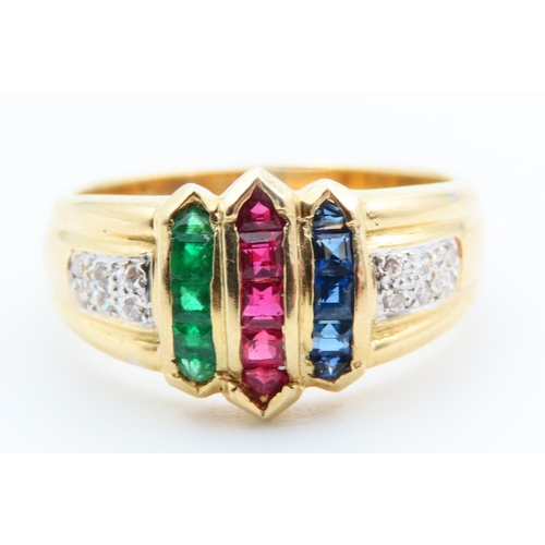 56 - Emerald, Ruby, Sapphire and Diamond Set Ladies Ring Mounted on 18 Carat Yellow Gold Band Ring Size N