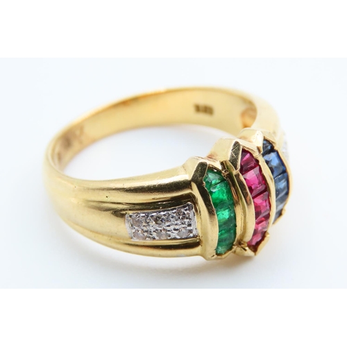 56 - Emerald, Ruby, Sapphire and Diamond Set Ladies Ring Mounted on 18 Carat Yellow Gold Band Ring Size N