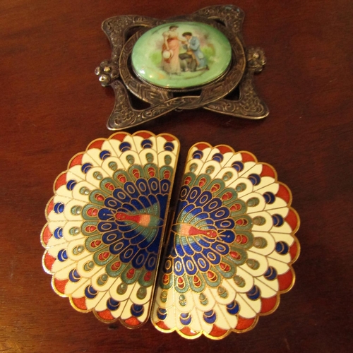 565 - Two Ladies Belt Buckles One Peacock Motif and Another Enamelwork Porcelain Panel Example