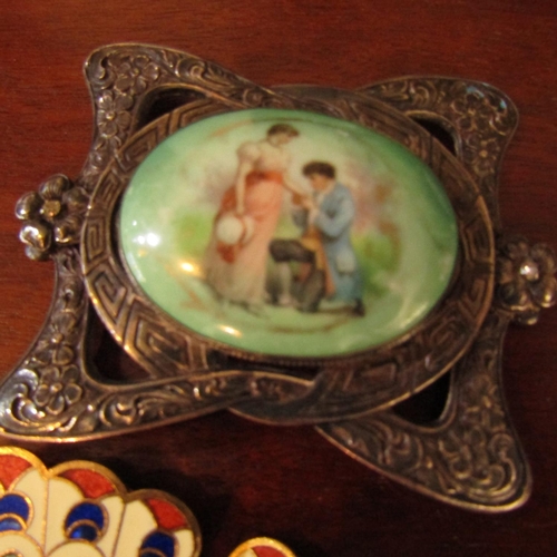 565 - Two Ladies Belt Buckles One Peacock Motif and Another Enamelwork Porcelain Panel Example