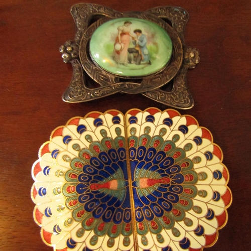 565 - Two Ladies Belt Buckles One Peacock Motif and Another Enamelwork Porcelain Panel Example