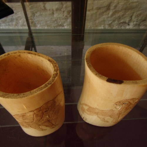 587 - Pair of Antique Carved Bone Vases Possibly Japanese Engraved with Elephant and Tiger Motifs Each App... 