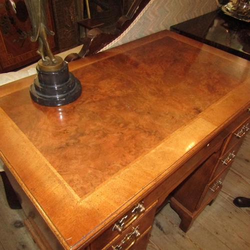 595 - Figured Walnut Kneehole Desk Attractively Detailed Crossbanded Top Brass Plate Handled Drawers Brack... 