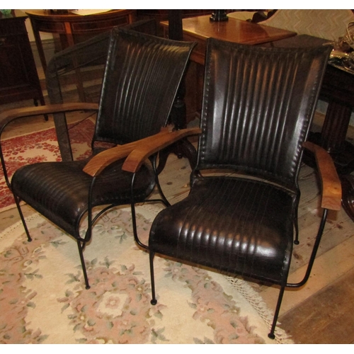 596 - Pair of French Designer Armchairs Deep Tan Leather Upholstery Wrought Metal Frames