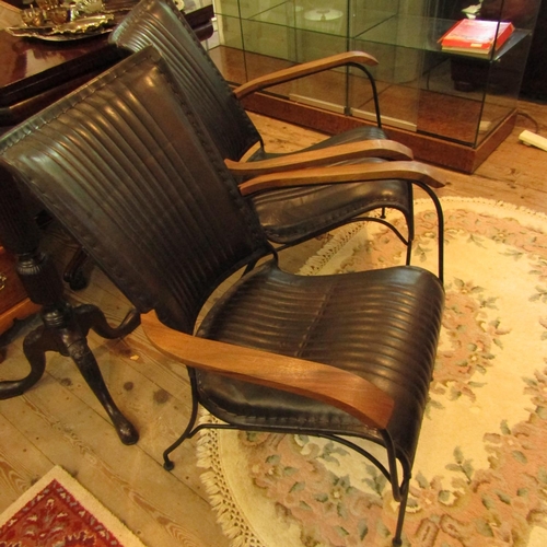 596 - Pair of French Designer Armchairs Deep Tan Leather Upholstery Wrought Metal Frames