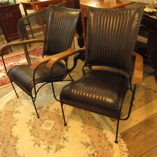 596 - Pair of French Designer Armchairs Deep Tan Leather Upholstery Wrought Metal Frames