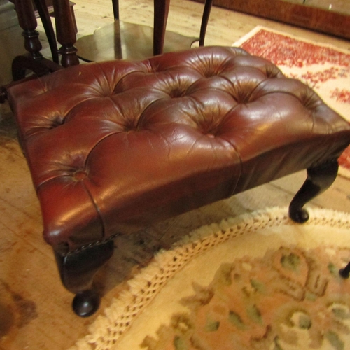 598 - Burgundy Leather Deep Button Upholstered Stool Queen Ann Supports Approximately 20 Inches Wide