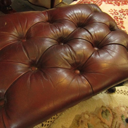 598 - Burgundy Leather Deep Button Upholstered Stool Queen Ann Supports Approximately 20 Inches Wide