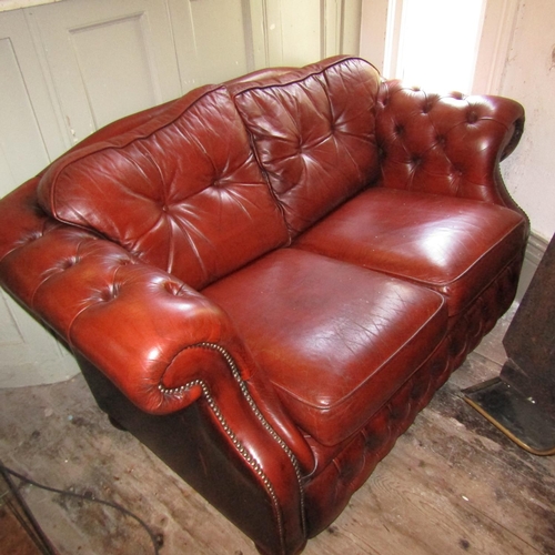 Burgundy Leather Deep Button Upholstered Two Seater Chesterfield Settee Approximately 5ft 6 Inches Wide