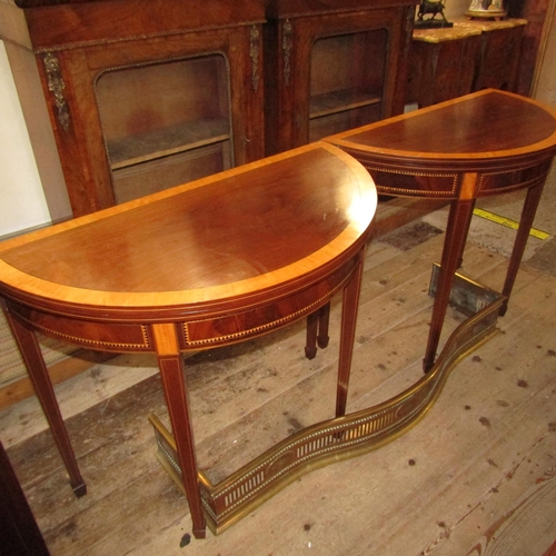 Pair of Early Victorian Demi-Lune Figured Mahogany and Satinwood Fold Over Tables Herringbone Inlay to Frieze Each Approximately 36 Inches Wide x 32 Inches High