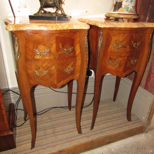 609 - Pair of French Victorian Marquetry Decorated Ormolu Mounted Kingswood Marble Top Side Lockers Serpen... 