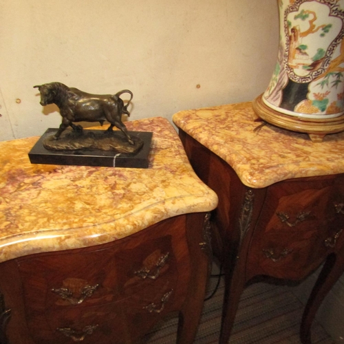 609 - Pair of French Victorian Marquetry Decorated Ormolu Mounted Kingswood Marble Top Side Lockers Serpen... 