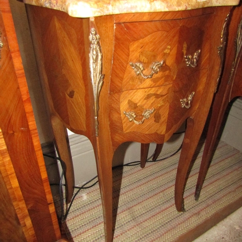 609 - Pair of French Victorian Marquetry Decorated Ormolu Mounted Kingswood Marble Top Side Lockers Serpen... 