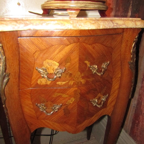 609 - Pair of French Victorian Marquetry Decorated Ormolu Mounted Kingswood Marble Top Side Lockers Serpen... 