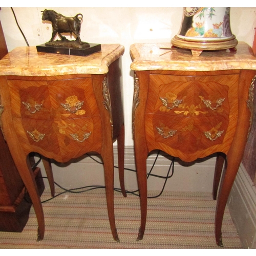 609 - Pair of French Victorian Marquetry Decorated Ormolu Mounted Kingswood Marble Top Side Lockers Serpen... 