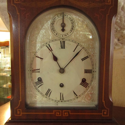 613 - Mid Victorian Mantle Clock Roman Numeral Decorated Silver Dial Case Marquetry Detailed Approximately... 