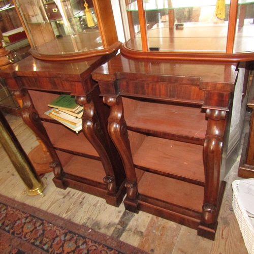 617 - Pair of William IV Figured Mahogany Open Form Bookcases Three Shelves Contained within Finely Carved... 